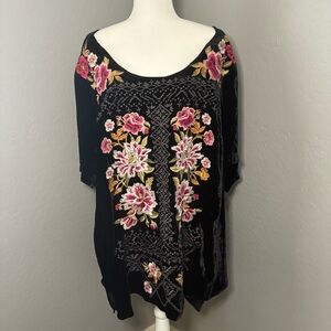 Johnny Was Black Velvet‎ Blouse with Pink Floral Embroidery- No Size Tag